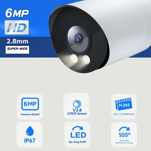 Miniatura 2 de Real HD Cámara IP POE de visión nocturna a todo color de 6MP para sistemas IP NVR, con luces blancas visibles, ángulo de visión de 105°, al aire