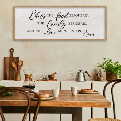Miniatura 15 de LuZhiQiang Arte de pared para comedor 81,3×30,5 cm "Bless The Food Before Us" Letrero cristiano para cocina, cita familiar agradecida, cuadro grande
