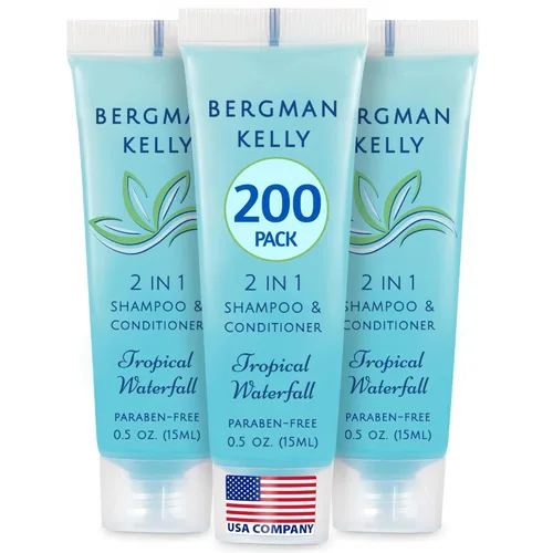 Bergman Kelly - Champú y acondicionador 2 en 1 tamaño viaje - 0.5 fl oz, 200 PK, cascada tropical - Deleite a sus invitados con amenidades de champú