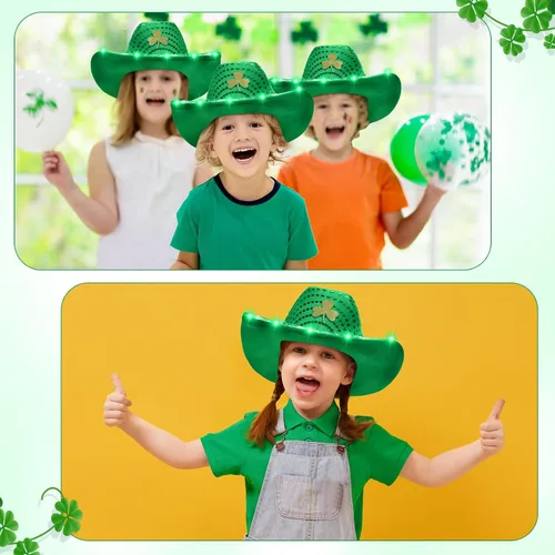 Miniatura 3 de Silicherry Paquete de 6 sombreros de vaquero de trébol de San Patricio con luz LED, sombrero de vaquera verde trébol, sombrero irlandés