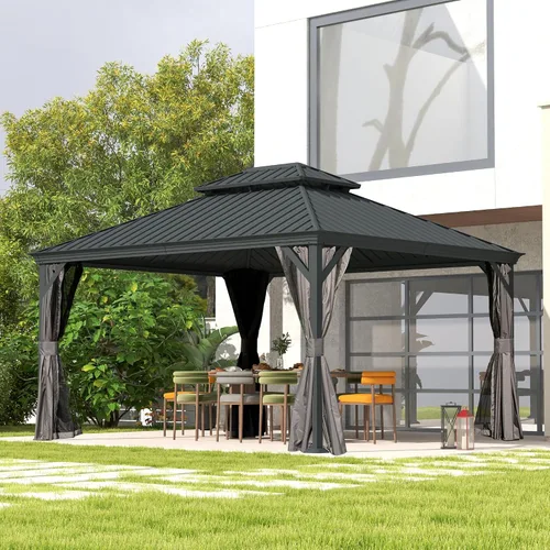 Miniatura 40 de Domi - Cenador permanente de metal con techo rígido de 8 x 8 pies, con doble techo de acero galvanizado, cortinas y malla para fiestas, bodas, Gris