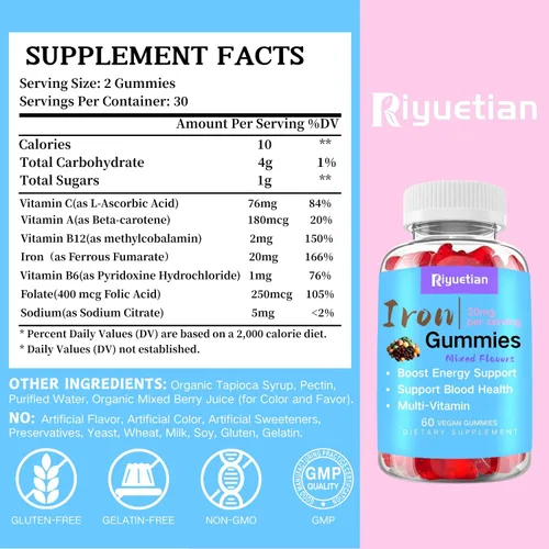 Miniatura 7 de Suplemento multivitamínico de hierro - con vitamina C, B12 y fumarato ferroso - Impulso de energía, inmune y apoyo de la sangre - Deliciosos sabores