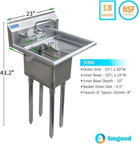 Miniatura 3 de AmGood Fregadero de acero inoxidable para preparación y uso general Acero inoxidable 304 NSF Restaurante, cocina, lavandería, garaje