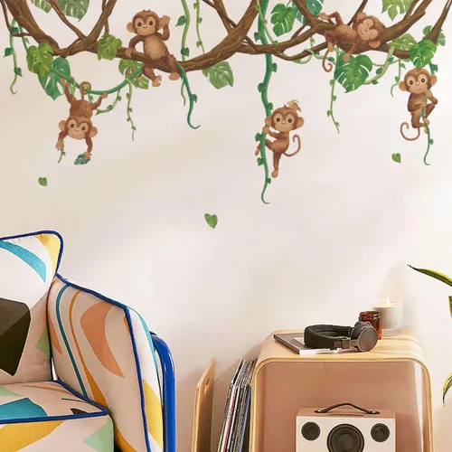 Miniatura 9 de Runtoo Calcomanías de pared de animales de safari para guardería, palmera, jirafa, mono, calcomanías de pared para dormitorio de niños Jirafa y Mono