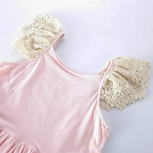 Miniatura 7 de Vestido largo bohemio con volantes para niñas, color rosa, manga de mosca, volantes, de verano, de algodón