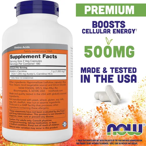 Miniatura 2 de NOW Foods Now Acetil L Carnitina 500 mg, 360 cápsulas vegetales (paquete de 2) – Sin OGM ACL 500 mg Cápsulas Suplemento para hombres y mujeres