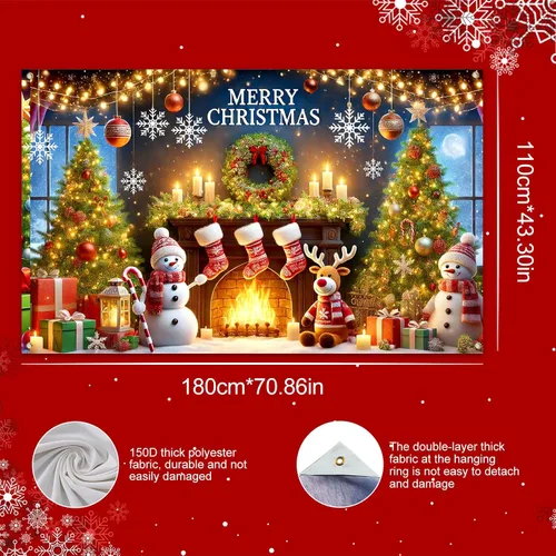 Miniatura 3 de BlissYard Pancarta de Fondo Navideño Escena de Chimenea con Muñeco de Nieve Reno Medias Guirnalda Árbol Regalos Decoración de Fiesta Navideña 71×43