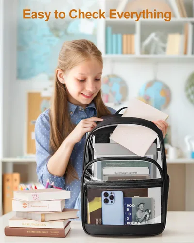 Miniatura 3 de KIMNERPU Mochila Transparente, Mochila de Libros Transparente de Servicio Pesado para la Escuela, Negro, Mediana, Moderno