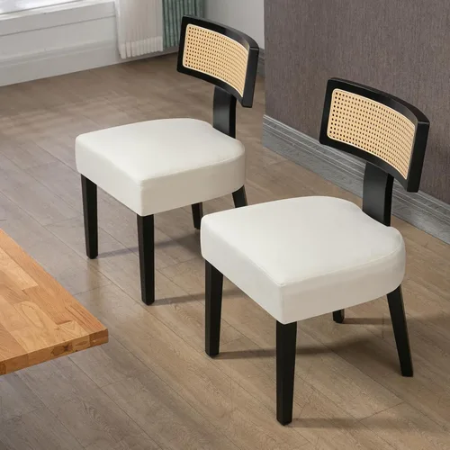 Miniatura 7 de ZJhome Juego de 4 sillas de comedor de ratán tapizadas de tela moderna de mediados de siglo con marco de madera dura negra, respaldo curvado, silla