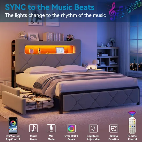 Miniatura 3 de Base de cama LED tapizada tamaño Queen con 2 cajones de almacenamiento y cabecera de almacenamiento de 2 niveles, cama de plataforma de terciopelo