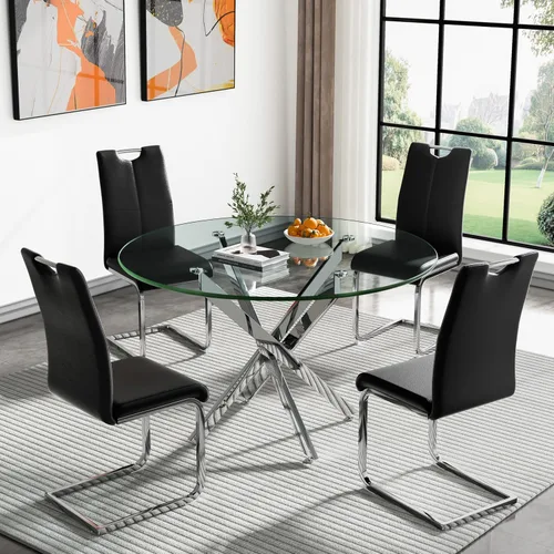 Miniatura 27 de Juego de mesa de comedor redonda de 3 piezas para 2, mesa de cocina moderna de vidrio plateado y sillas para 2 con sillas tapizadas, juego de mesa