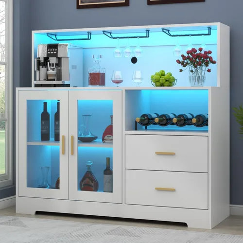 Armario de bar para el hogar con luz LED, gabinete de barra de café con estante para vino y copas, gabinetes de vino con gabinete de almacenamiento