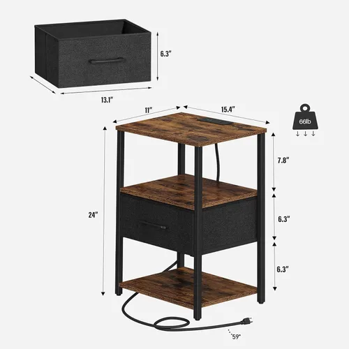 Miniatura 3 de TUTOTAK Juego de 2 mesitas de noche, mesita de noche con estación de carga, mesa auxiliar, mesita de noche con cajón de tela, mesa auxiliar