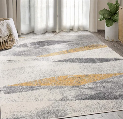 Abani Laguna Collection - Alfombra turca envejecida geométrica, color gris y amarillo, estilo moderno, 2 pies 2 pulgadas x 8 pies