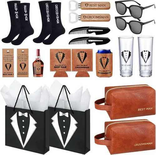 Miniatura 13 de 60 piezas de regalos para padrinos de boda, caja de propuesta para padrinos de boda con vasos de chupito, calcetines, gafas de sol, bolsa de aseo