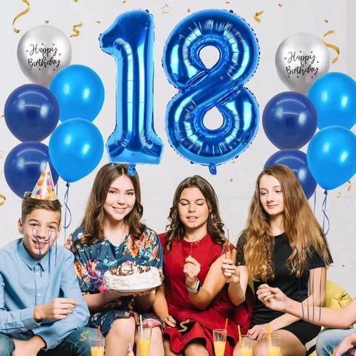 Miniatura 6 de Globos azules del número 18 de 40 pulgadas, globos de cumpleaños de 18 años, globos de látex azul claro y azul oscuro con impresión plateada