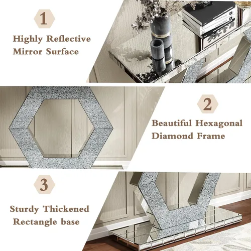 Miniatura 4 de Mesa consola con espejo de 55 pulgadas, mesa larga para sofá de sala de estar, oficina, detalles de cristal de diseño hexagonal, moderno escritorio