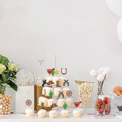 Miniatura 6 de Rsstarxi Paquete de 30 adornos de vaquero para cupcakes con purpurina para zapatos de caballo de vaquero, botas, pistola, temática occidental