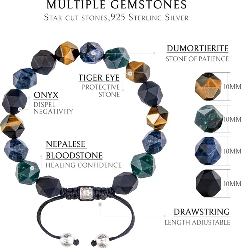 Miniatura 6 de AWNL Pulsera de cuentas multicolores para hombre, piedras naturales, ojo de tigre, ónix, amatista, plata, obsidiana (0.394 pulgadas), trenzada