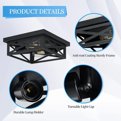 Miniatura 4 de SKEJAO Lámpara de techo de montaje empotrado negra, 2 luces cuadradas para pasillo, montaje de techo para granja, cocina, pasillo, dormitorio