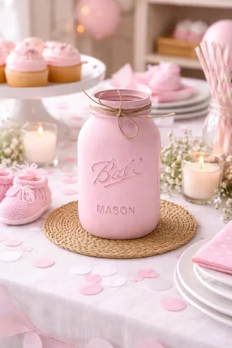 Miniatura 5 de Tarro rosa para centros de mesa, pintado a mano, cuarto de galón envejecido de 32 onzas, 7 pulgadas de alto, centro de mesa rústico de baby shower