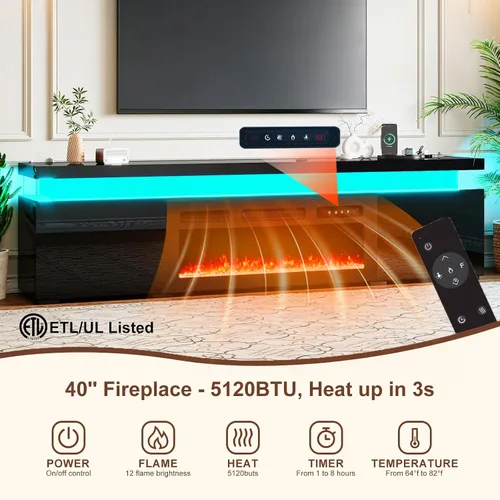 Miniatura 4 de Soporte de TV moderno con chimenea eléctrica de 87 pulgadas con luces LED de chimenea de 40 pulgadas y toma de corriente para televisores de hasta