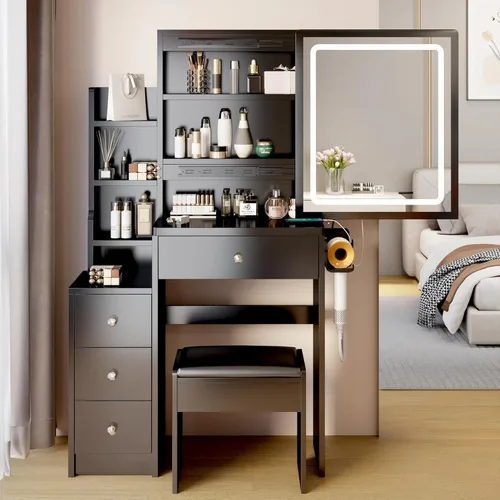 Miniatura 13 de BNSPLY 29.2" W Small Vanity Desk with Sliding Mirror, Black Makeup Vanity Set with 4 Drawers and 5 Shelves, Dressing Table with Cushion Stool for