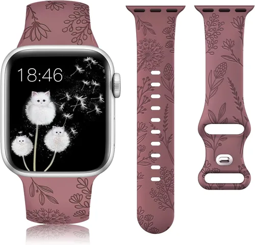 Miniatura 12 de Minyee - Correa floral grabada compatible con Apple Watch de 41mm 40mm 38mm 42mm 44mm 45mm 46mm 49mm para mujeres, correa deportiva de silicona Luz