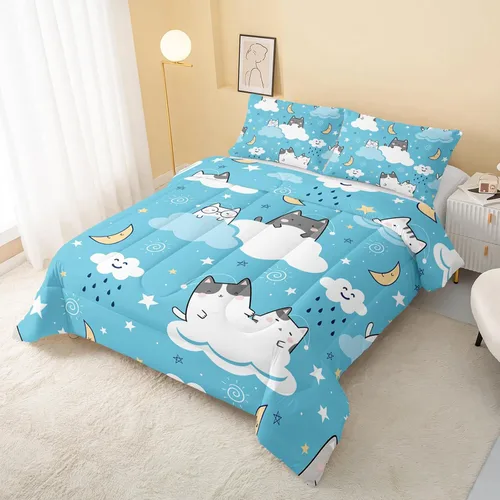 Miniatura 3 de QOOMO - Juego de edredón de tamaño individual con gatos, juego de edredón azul con nubes para niños, adolescentes, niñas y niños, juego de cama de 3