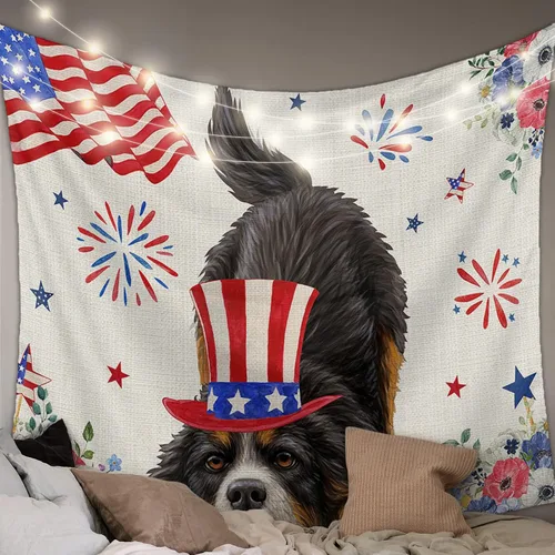 LooPoP Tapiz para colgar en la pared del 4 de julio, con bandera de Estados Unidos, tapices de perros, sombreros estéticos, rayas de amapola y