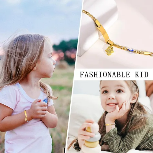 Miniatura 2 de MEALGUET Pulsera personalizada de identificación para niños acero inoxidable chapado en oro de 18 quilates, placa de identificación personalizada