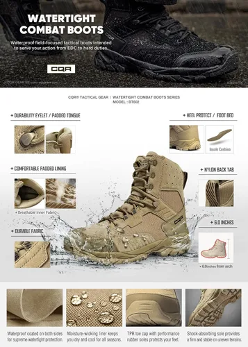 Miniatura 4 de CQR Botas tácticas impermeables para hombre, botas militares EDC ligeras de 6 pulgadas, botas de combate duraderas para exteriores