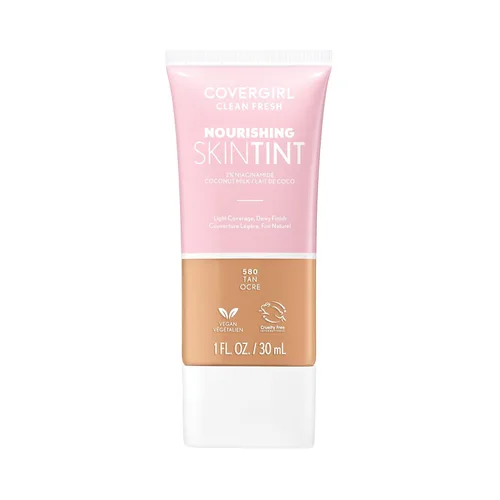 COVERGIRL Clean Fresh Tinte Nutritivo para la Piel, 580 Tan, Base Líquida, Acabado Luminoso, Infundido con Coco y Aloe, Fórmula Vegana 580 Bronceado