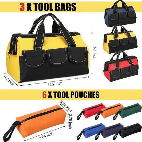 Miniatura 2 de Sanwuta 9 bolsas de herramientas para hombres, 3 bolsas de herramientas de boca ancha resistentes y 6 bolsas pequeñas impermeables