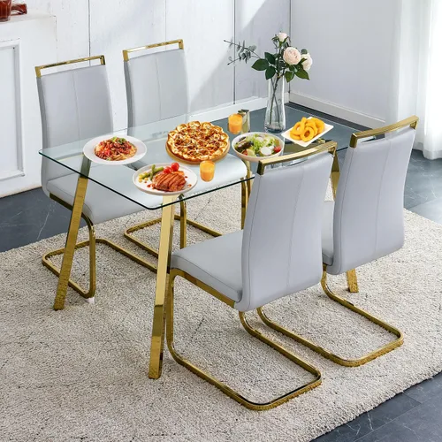 Miniatura 22 de Juego de mesa de comedor de cristal para 4, mesa rectangular con 4 sillas de cocina de cuero gris, juego de comedor de cocina de 51 pulgadas, mesa 4
