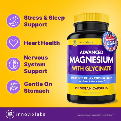 Miniatura 2 de InnovixLabs Cápsulas avanzadas de magnesio, 150 unidades, 210 mg, glicinato quelado y malato, alta absorción, promueve la relajación, los huesos