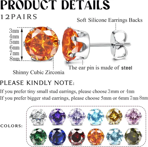 Miniatura 2 de Jstyle Aretes hipoalergénicos para mujeres y hombres, aretes de acero inoxidable quirúrgico con piedra natal, aretes coloridos de circonita cúbica