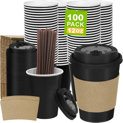 Miniatura 46 de Paquete de 100 tazas de café desechables de pared ondulada corrugada de 16 onzas con tapas y pajitas, tazas aisladas resistentes para bebidas
