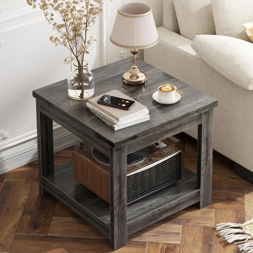 Homieasy Mesa auxiliar, mesa auxiliar cuadrada de 20 x 20 pulgadas para sala de estar, mesa decorativa grande de madera con estante de Roble gris