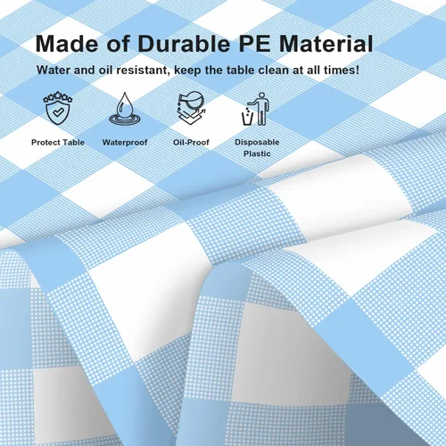 Miniatura 3 de Paquete de 6 manteles de plástico desechables azules y blancos a cuadros, manteles de plástico azules para fiestas, 54 x 108 pulgadas impermeables