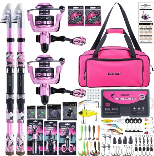 Goture Combo de caña de pescar y carrete rosa - Carrete giratorio ML Action con bolsa rosa - Kit de caña telescópica para principiantes, viajes,