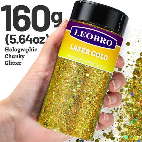 Miniatura 2 de LEOBRO - Purpurina dorada, 160g/5.64oz, purpurina holográfica gruesa para manualidades, resina, uñas, cuerpo, vasos, decoraciones de fiesta Láser Oro