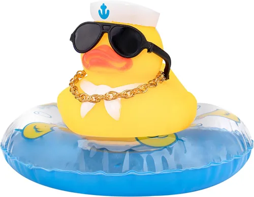Miniatura 13 de wonuu Adorno de pato de goma para automóvil, accesorios de decoración de tablero de instrumentos con mini collar de anillo de natación y gafas de sol