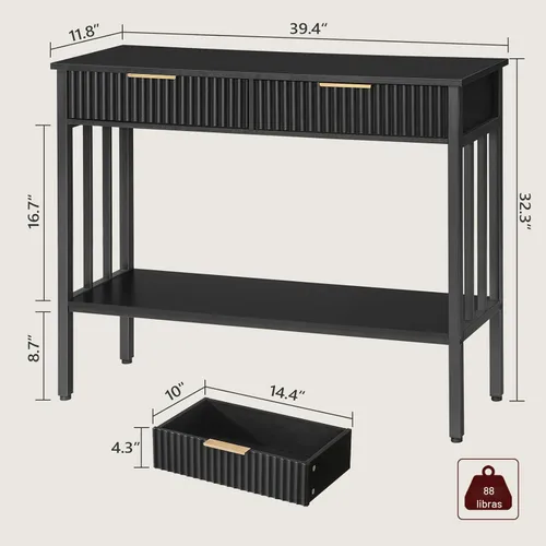 Miniatura 2 de MAHANCRIS Mesa consola, mesa de entrada larga estrecha con estante de almacenamiento, mesa de entrada acanalada de 2 niveles con 2 cajones