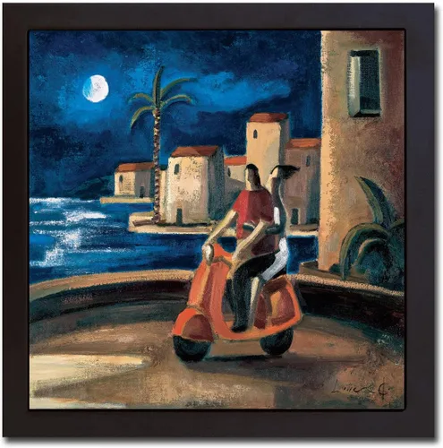 Pareja en Vespa por Didier Lourenco - Lienzo giclée de alta calidad envuelto en galería con marco flotante negro (20 x 20 pulgadas tamaño enmarcado,
