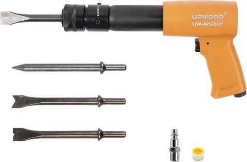 UW-AH250P Kit de martillo neumático de barril largo con retenedor de cambio rápido y 4 cinceles, carrera de 3-5/8 pulgadas, 2200 BPM, peso ligero
