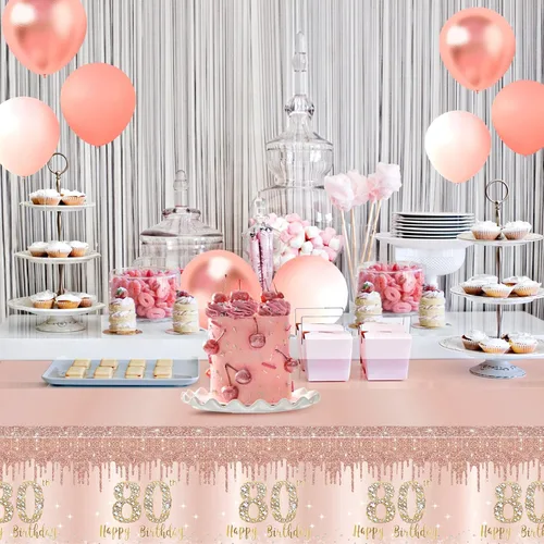 Miniatura 6 de Excelloon Paquete de 3 Manteles de Cumpleaños de 80 Años, Decoración de Mantel Rosa Púrpura Feliz Cumpleaños de 80 Años, Mantel Desechable
