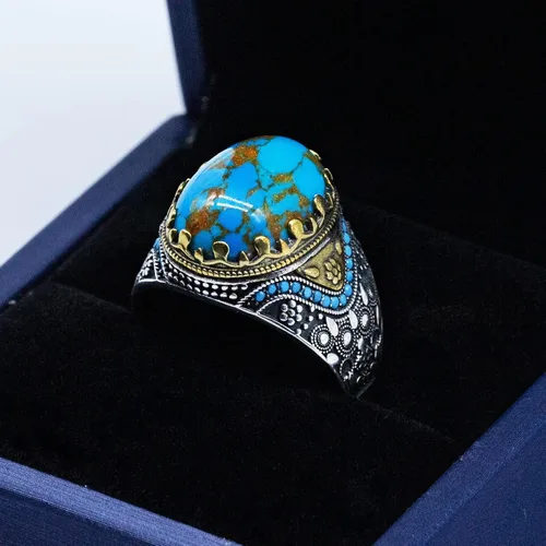Miniatura 4 de Retro Natural Turquoise Ring for Men, 925 Sterling Silver Oval Sky Blue Stone Statement Ring,Turkish Vintage Engraving Design Handmade