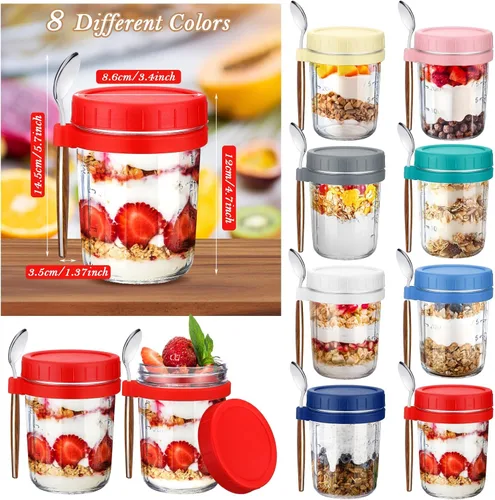 Miniatura 2 de Layhit 8 juegos de recipientes de avena durante la noche de 16 onzas con tapas y cucharas, tarros grandes de vidrio de verano para avena durante