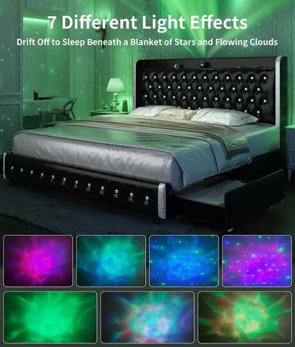 Miniatura 6 de GEGOFORU Base de cama Queen con luces LED y proyector de galaxia, moderna plataforma con respaldo alado con 4 cajones de almacenamiento, puertos